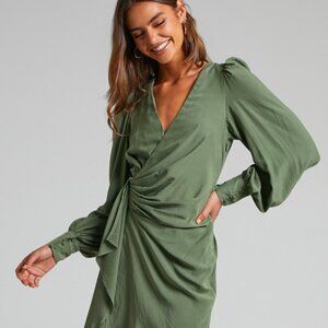 Bellefleur Mini Dress Sz 16 - Faux Wrap Dress in Khaki